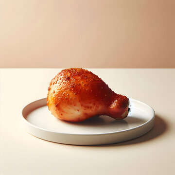  Single baked chicken thigh with crispy skin, pastel beige background, clean and simple composition