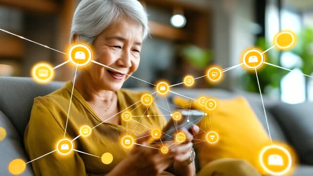 Older Asian woman on sofa using mobile to chat with AI health app, telecare comfort, online pay and order icons overlay, calm lifestyle, with copy space