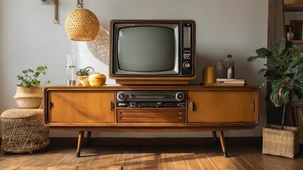 Close medium shot of a vintage TV console replica in a cozy living room emphasizing functional storage spaces and timeless design aesthetics.