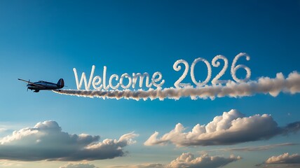 Airplane with banner and writing the phrase "Welcome 2026" in smoke in the sky. Abstract image, texture, pattern background, wallpaper, cover and screen for smartphone, PC, laptop, 9:16 and 16:9 forma