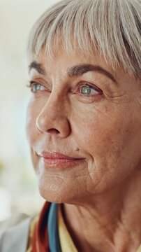 Elderly woman, thinking and nostalgia with vision for old memory, emotion or peace in home. Thoughtful senior, female person or reminisce with sight to remember for past, recall or retirement house