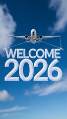 Airplane with banner and writing the phrase "Welcome 2026" in smoke in the sky. Abstract image, texture, pattern background, wallpaper, cover and screen for smartphone, PC, laptop, 9:16 and 16:9 forma