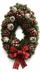 3D Christmas wreath with pine cones and ribbon
