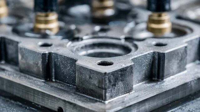 Closeup medium shot of precision vibration table casting emphasizing uniform mold compaction for highquality intricate components.