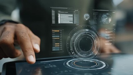 Medium shot showing closeup of hands interacting with a tablet linked to a printed book displaying futuristic hightech graphics and seamless digital integration. - Powered by Adobe