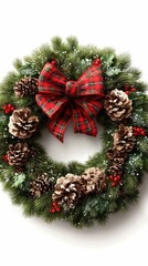 3D Christmas wreath with pine cones and ribbon