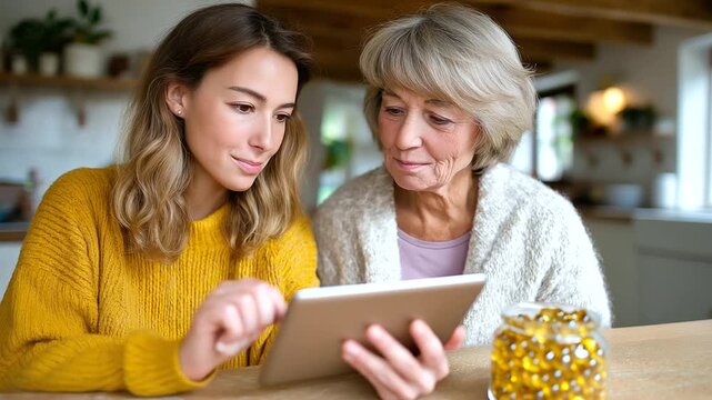 Home care young adult advising older mum on supplements D C E K zinc omega-3, friendly checklist on tablet, kitchen island scene, with copy space