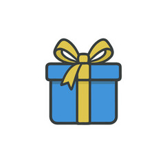 Blue Gift Box with Yellow Ribbon and Bow Festive Surprise Present Isolated on Black Background Simple Iconographic Design