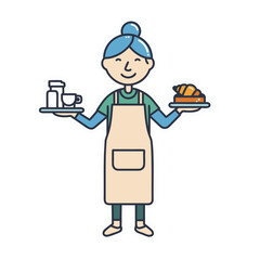 A Cheerful Baker With Blue Hair Wears An Apron Holding A Tray With A Croissant And Another Tray With Coffee And Milk In A Simple 2d Vector Art Style