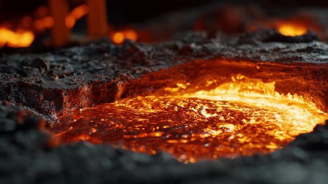 Closeup medium shot of molten titanium being melted in a hightemperature furnace as part of the recycling and metal recovery process.