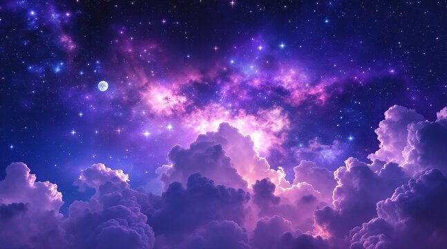 A breathtaking view of a celestial canvas with swirling nebulae and twinkling stars above fluffy, dreamy clouds at night - Powered by Adobe