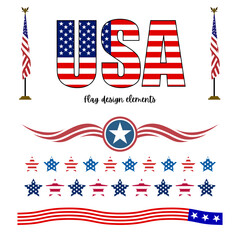 Set of usa flag design elements, including text, stars, stripes, and flagpole graphics