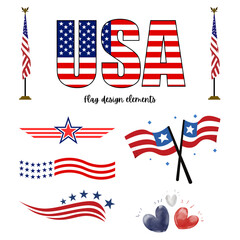 United states flag design elements including usa text, waving flags, stars, hearts, and banners.