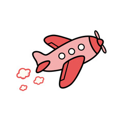 A Pink and Red Airplane with Four Windows and Smoke Trails Flying in the Sky Against a Black Background with a Propeller and Tail Fins