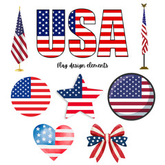 Set of american flag design elements: usa text, heart, star, circle, bow tie and flag on pole