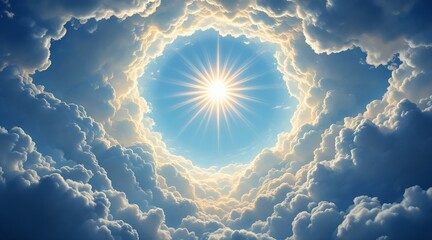 A radiant sun shines brightly through a circular opening in the clouds, creating a heavenly and ethereal atmosphere