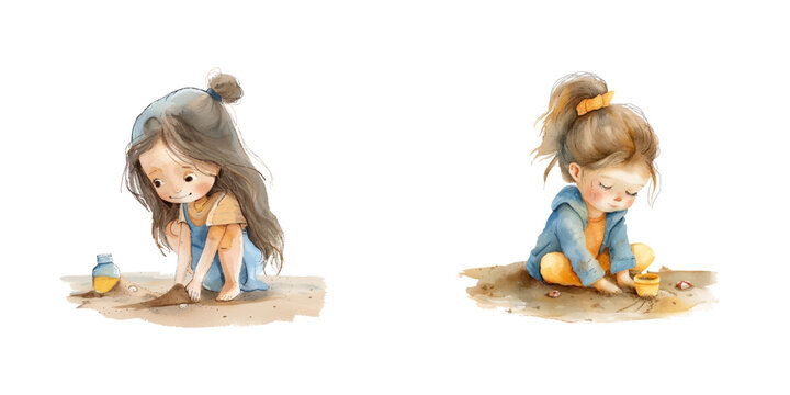 cute girl playing sand on the beach watercolor vector illustration