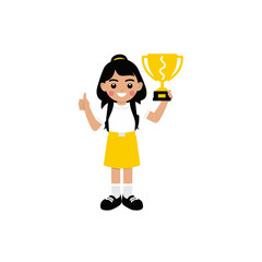 A Smiling Young Girl With Orange Hair In A Ponytail Wearing A Yellow Dress With A Green Collar Holds A Trophy And Gives A Thumbs Up