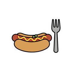 A stylized illustration of a hot dog with mustard and relish sits next to a silver fork against a stark black background symbolizing a simple meal.