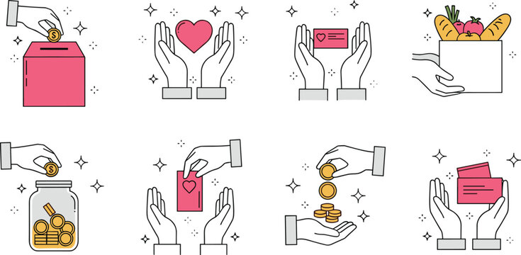 Charity donation icons, giving hands, food support, heart card, coin jar, community help, generosity symbols, flat vector illustration