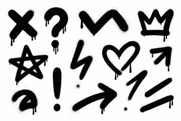 Grungy black spray paint graffiti style symbols and signs set