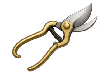 Gold handled gardening shears pruner tool, transparent background