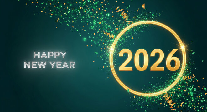 Illustration with golden 2026 inside circle with green and gold confetti, and Happy New Year text on dark teal background, celebrating future time