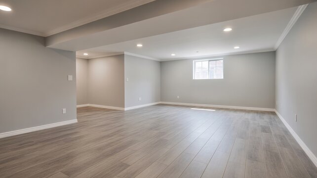 Spacious unfinished basement with modern flooring and neutral paint ready for renovation projects