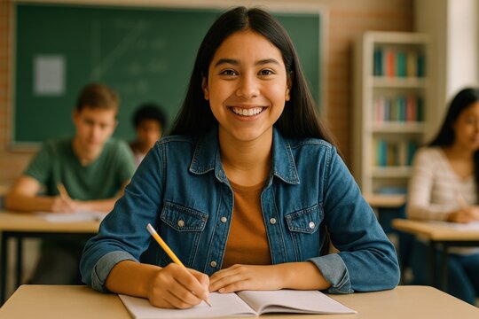Smiling student taking notes in a classroom surrounded by classmates.