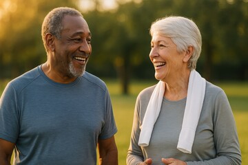 Joyful elderly couple in sportswear sharing a laugh outdoors, golden hour.