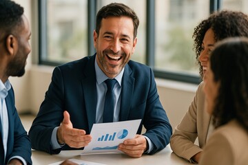 Enthusiastic businessman discussing positive financial charts with his team.