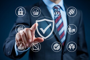 Businessman touching digital shield with security icons surrounding him