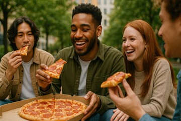 A group of friends sharing a pizza outdoors, laughing and enjoying each other's company.