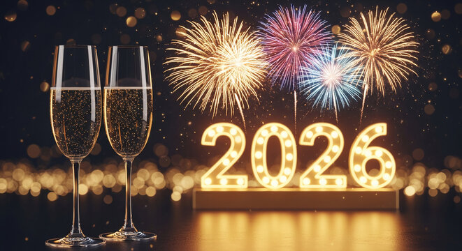 Two champagne glasses with bubbles and colorful fireworks behind illuminated 2026 numbers, representing celebration, holiday, and anticipation of the new year