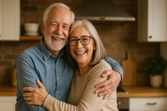 A loving embrace between a happy senior couple in their cozy kitchen at home.