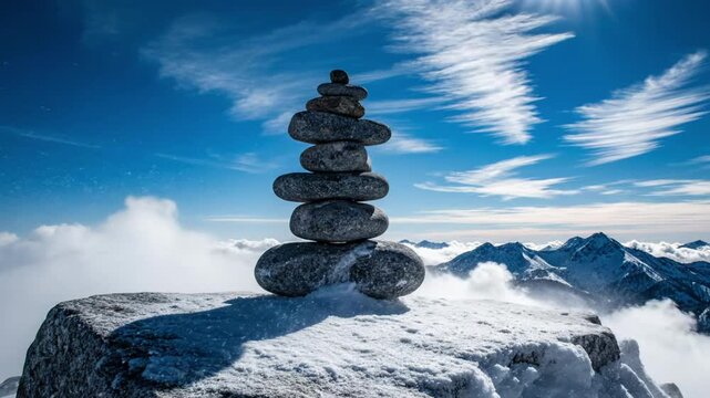 Balanced Zen Stone Cairn on Snowy Mountain Peak with Wind Blown Dust and Blue Sky Copy Space