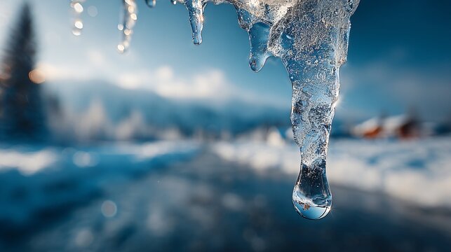 melting icicle close-up with winter bokeh, frozen water droplet in cold landscape