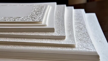 Medium shot of sturdy embossed card stock highlighting intricate raised designs that add depth and sophistication to invitations or business materials.