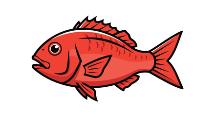 Cartoon illustration of a bright red fish with fins and a tail.