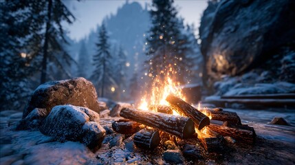 winter campfire burning near rocks, firewood flames in snowy forest landscape