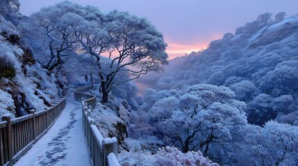 snow-covered road in winter mountains, frosty trees along quiet scenic path