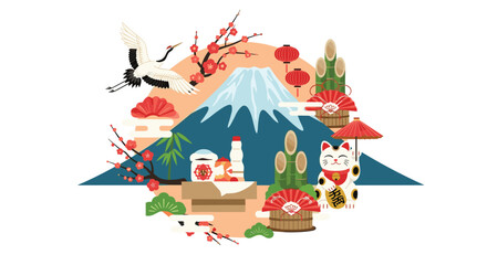 Japanese new year celebration with Mount Fuji, crane, lucky cat, and traditional decorations.