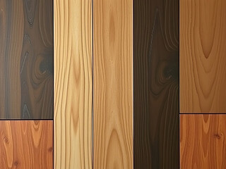 A vertical collage of wooden planks in diverse natural tones, from light pine to dark walnut, highlighting varied grains and textures. Ideal for interior design, backgrounds, or material references