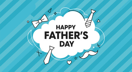 Happy Father's Day greeting with tie and bow tie icons on blue striped background.