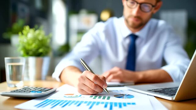 Analyst preparing cost variance report, ESG and budget control spreadsheets, tidy tax audit office, professional calm, with copy space