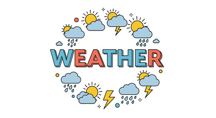 Obraz premium Graphic illustration of the word weather surrounded by weather icons and symbols.