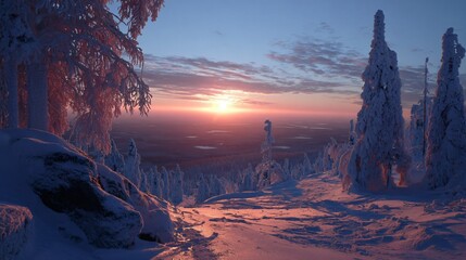 sunset over snowy canyon landscape, winter cliffs with warm glowing sky