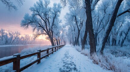snowy forest path at sunset, frosty winter landscape with warm sky colors