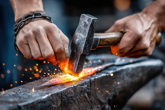 Blacksmith forging a glowing sword with a hammer in a workshop