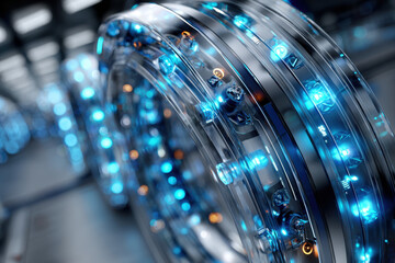 Futuristic Glass and Metal Rotating Machine with Blue Lights